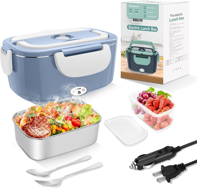 HOLDRUBY Electric Heated Lunch Boxes Adults: 80W Electric Lunch Box Food Heated 12/24/110V 1.5L Heatable Lunch Box for Car/Truck/Office Leak-Proof Stainless Steel Container,Fork & Spoon,Bag (Light Blue+White) - Image 1